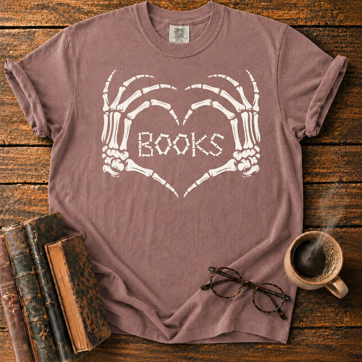 Skeleton Hands Heart Books T-Shirt