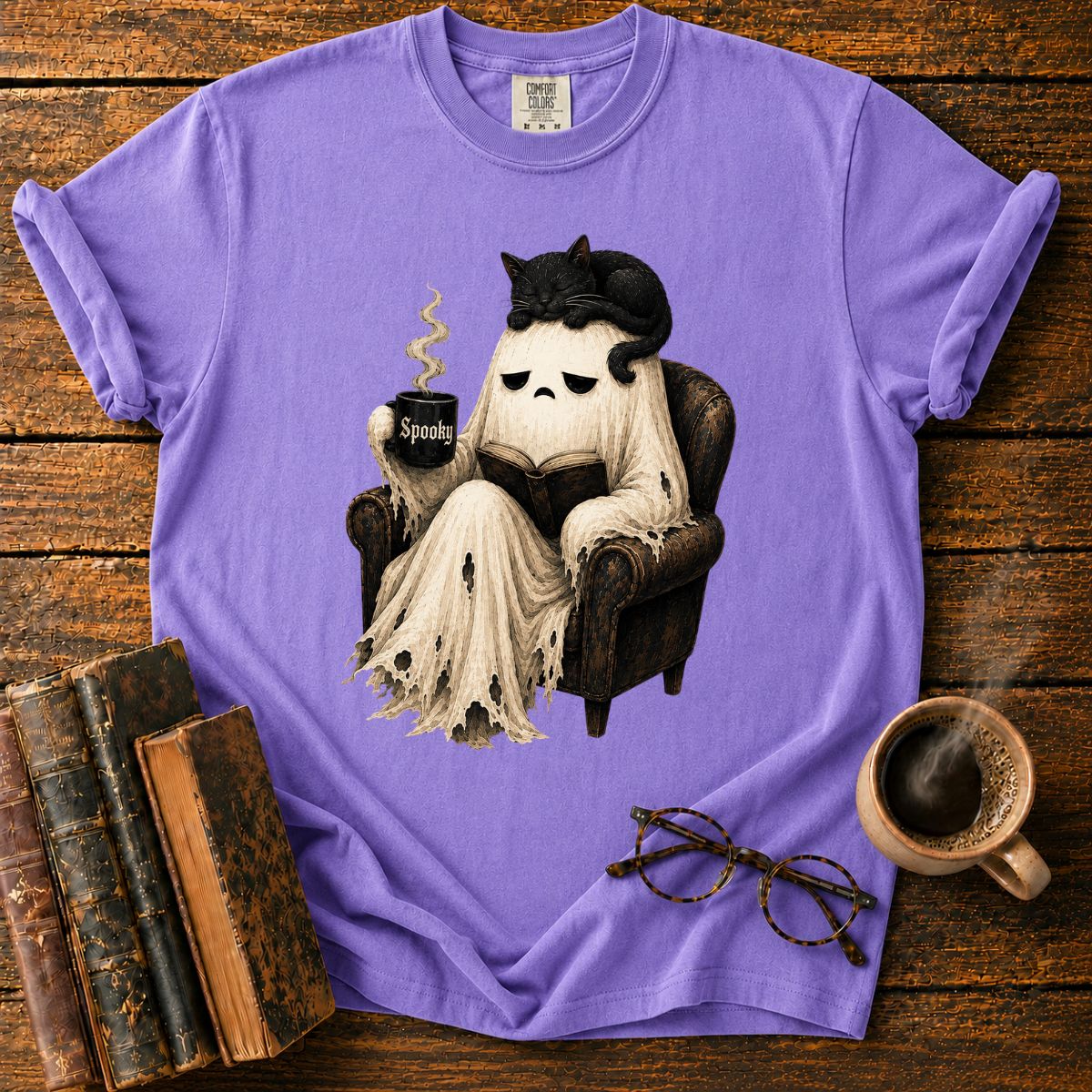 Sleepy Ghost Reading with a Cat T-Shirt