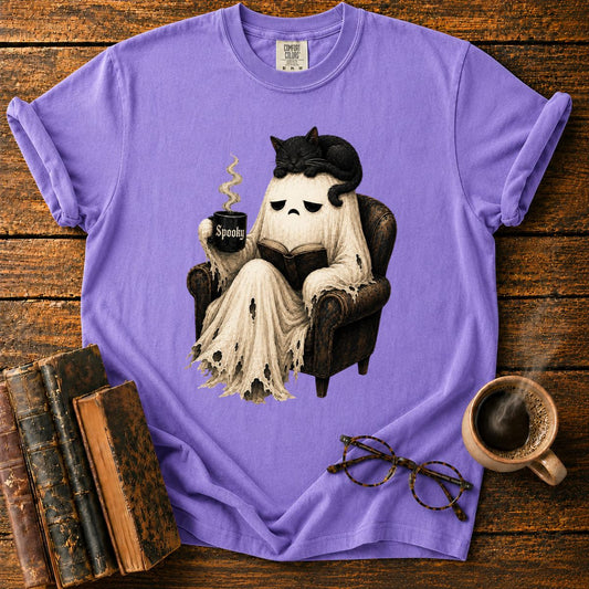 Sleepy Ghost Reading with a Cat T-Shirt