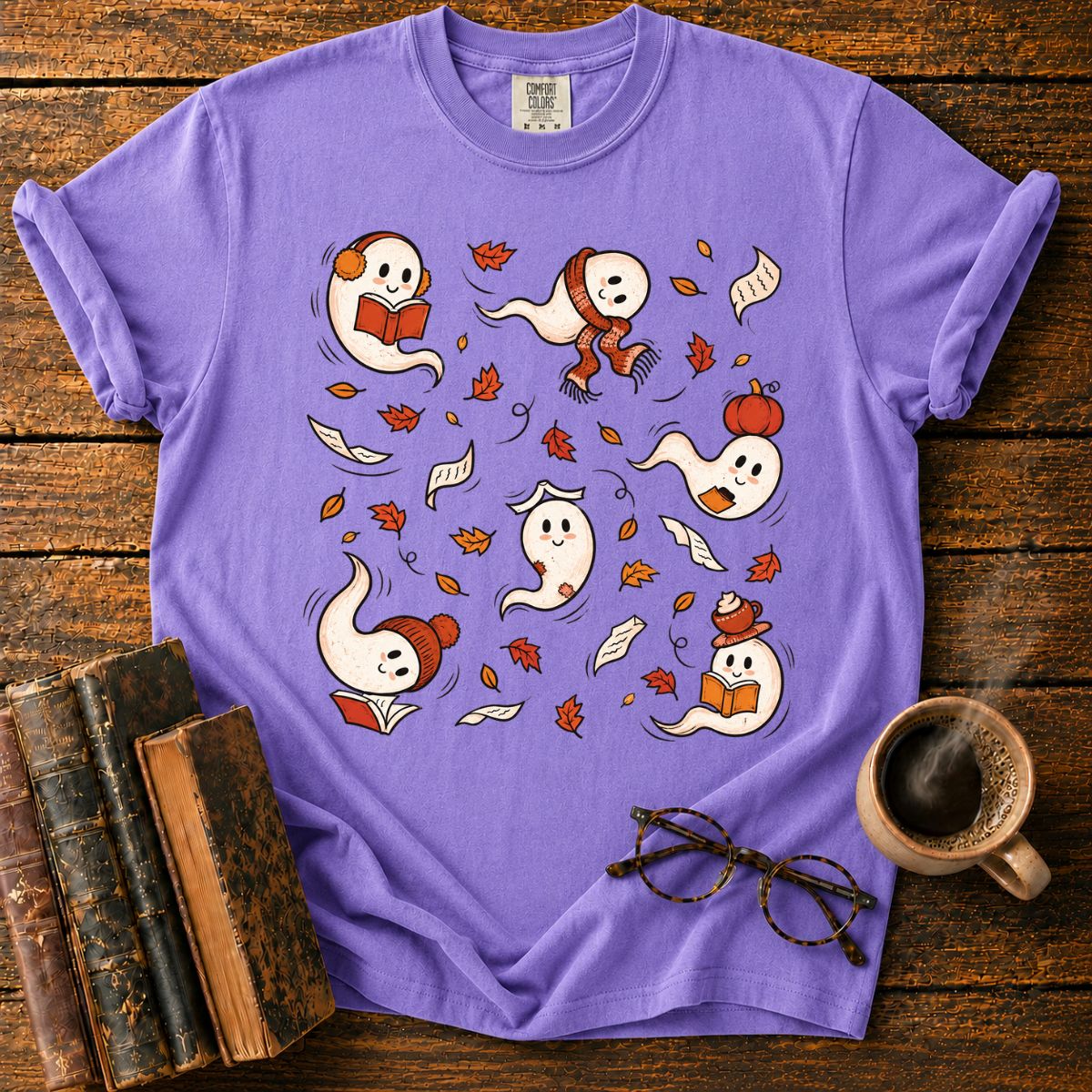 Fall Reading Ghosts Autumn Leaves T-Shirt
