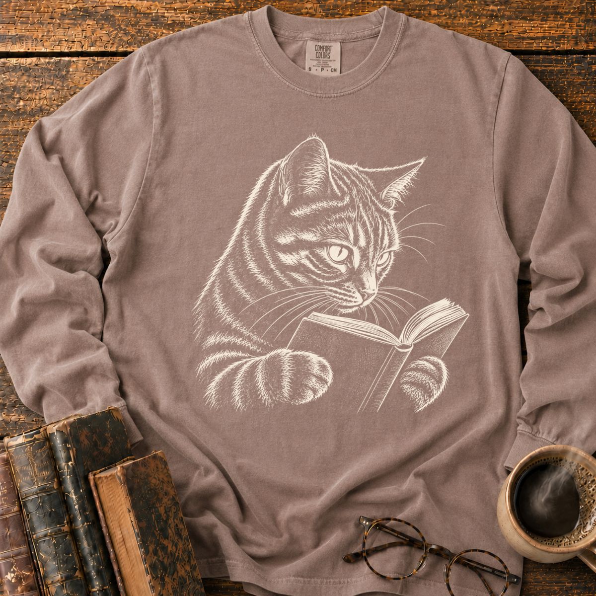 Tabby Cat Reading LS T-Shirt