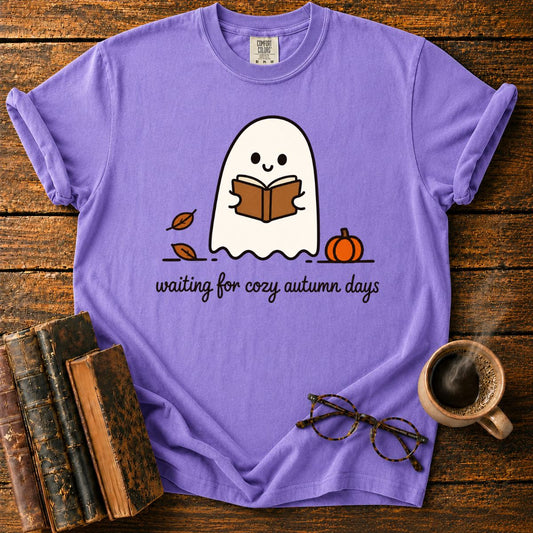 Cozy Ghost Reading Among Autumn Leaves T-Shirt