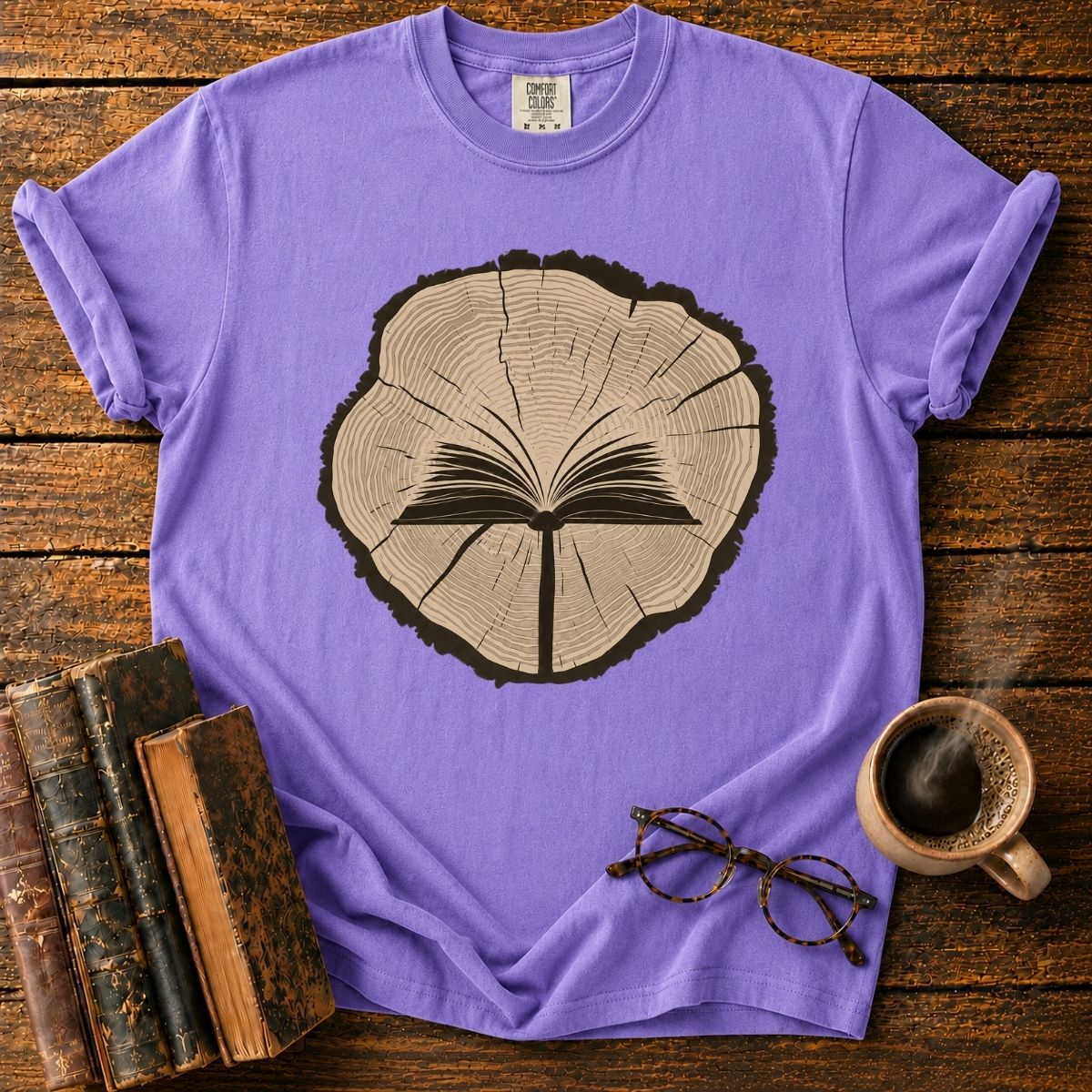 Open Book in a Wood Slice T-Shirt