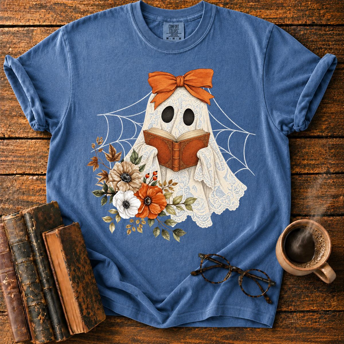 Lace Ghost Reads Among Autumn Flowers T-Shirt