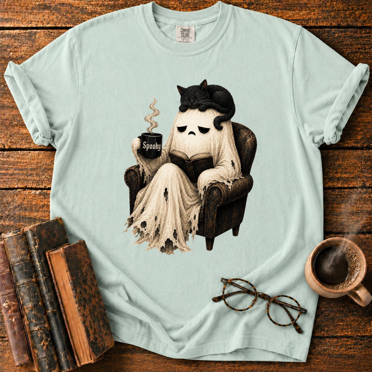 Sleepy Ghost Reading with a Cat T-Shirt