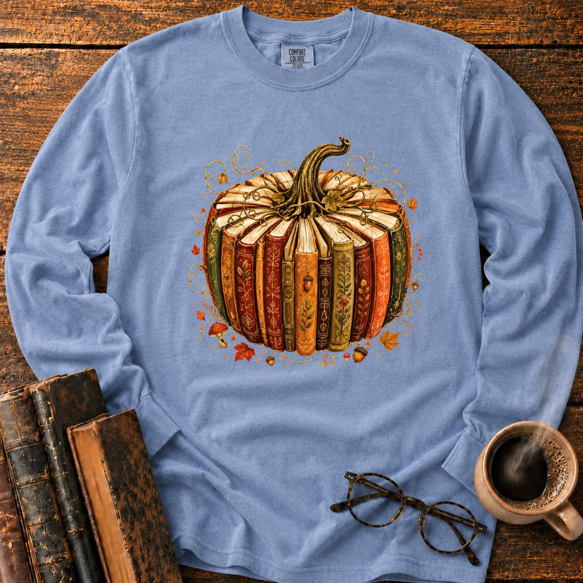 Vintage Book Pumpkin Fall LS T-Shirt