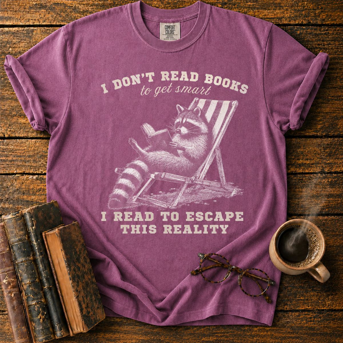 Raccoon Reading in Relaxed Escape T-Shirt