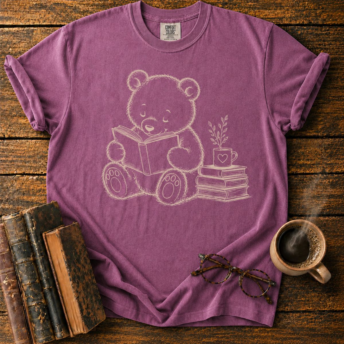 Bear Reading with Books and Mug T-Shirt