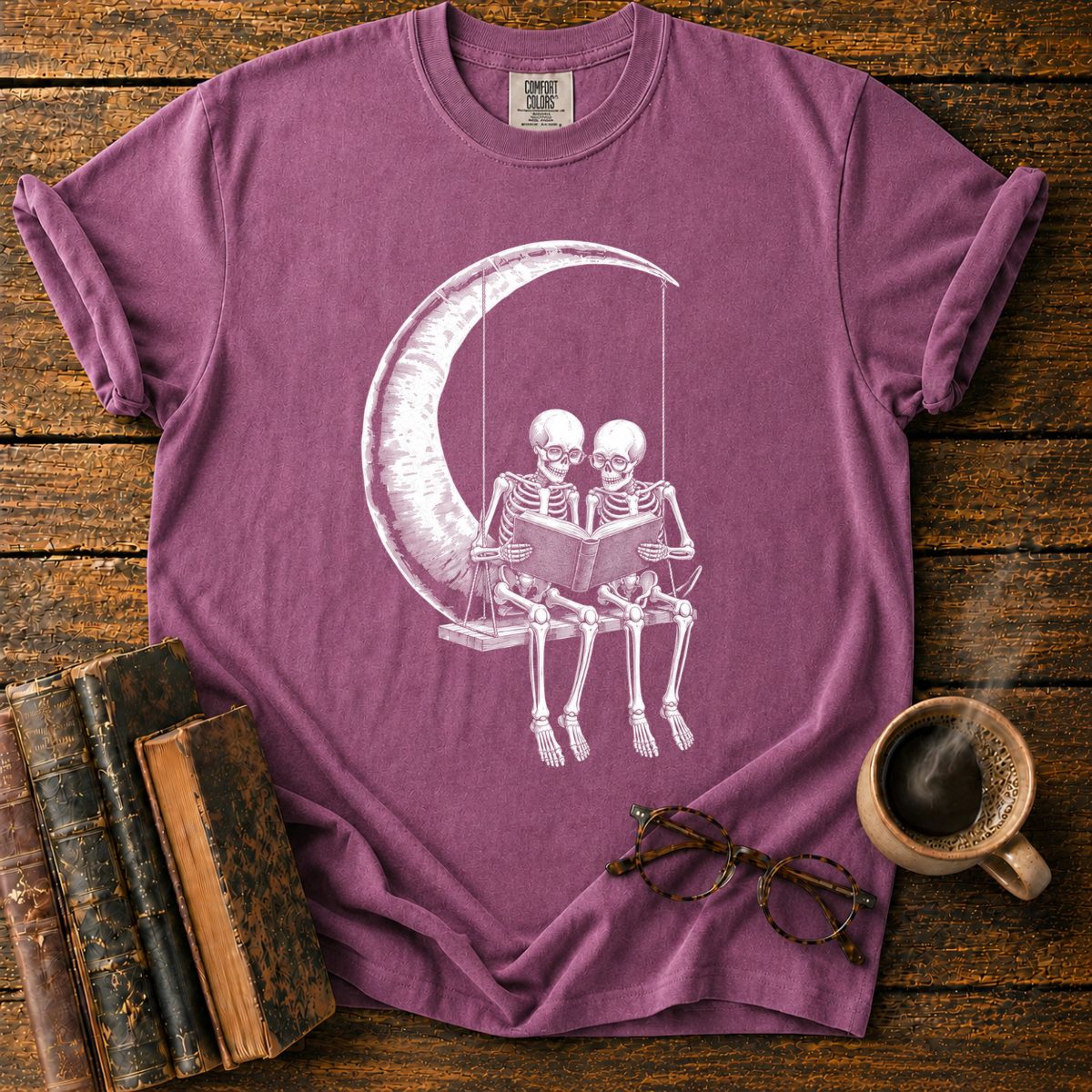 Skeletons Reading Beneath a Crescent Moon T-Shirt