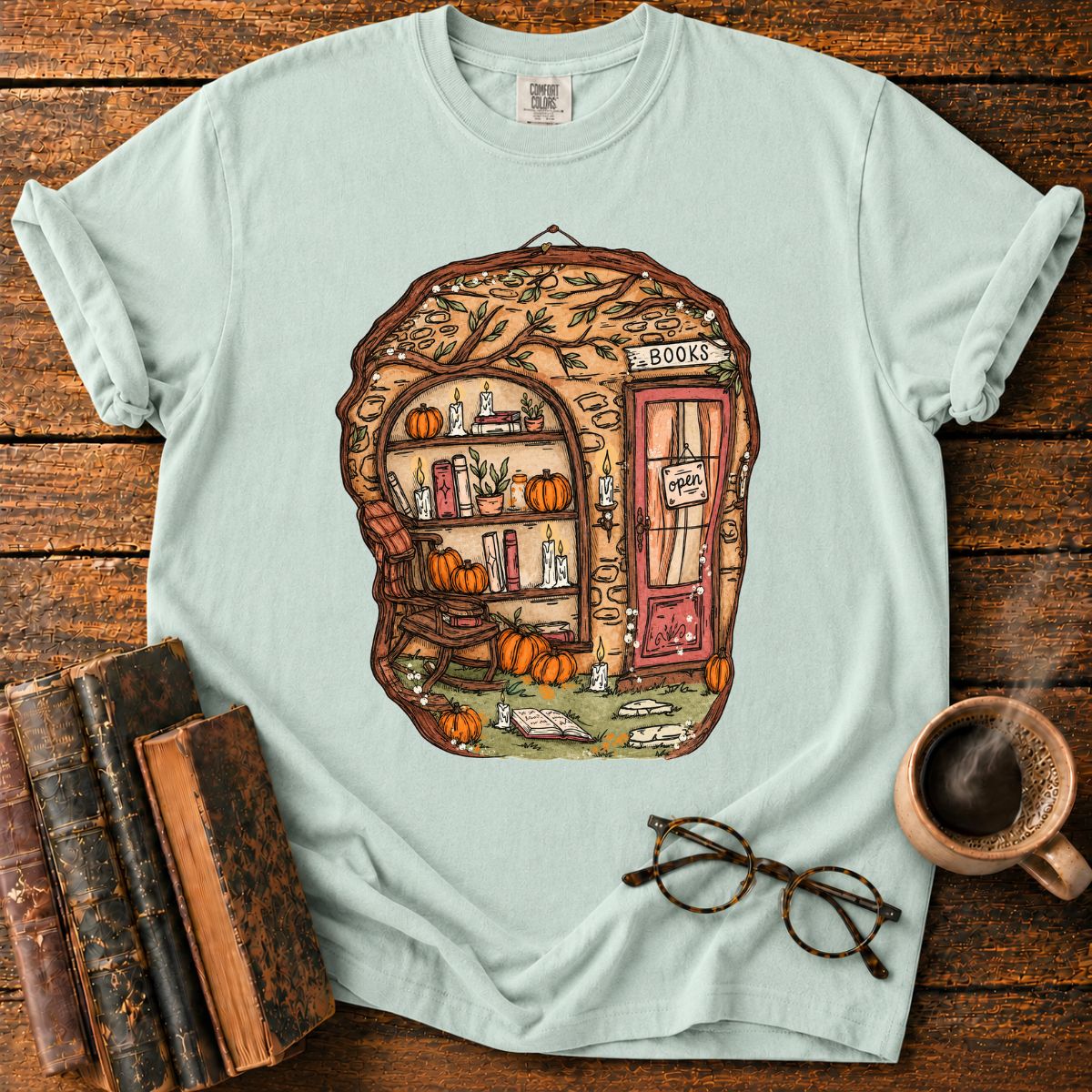 Whimsical Autumn Treehouse Bookstore T-Shirt