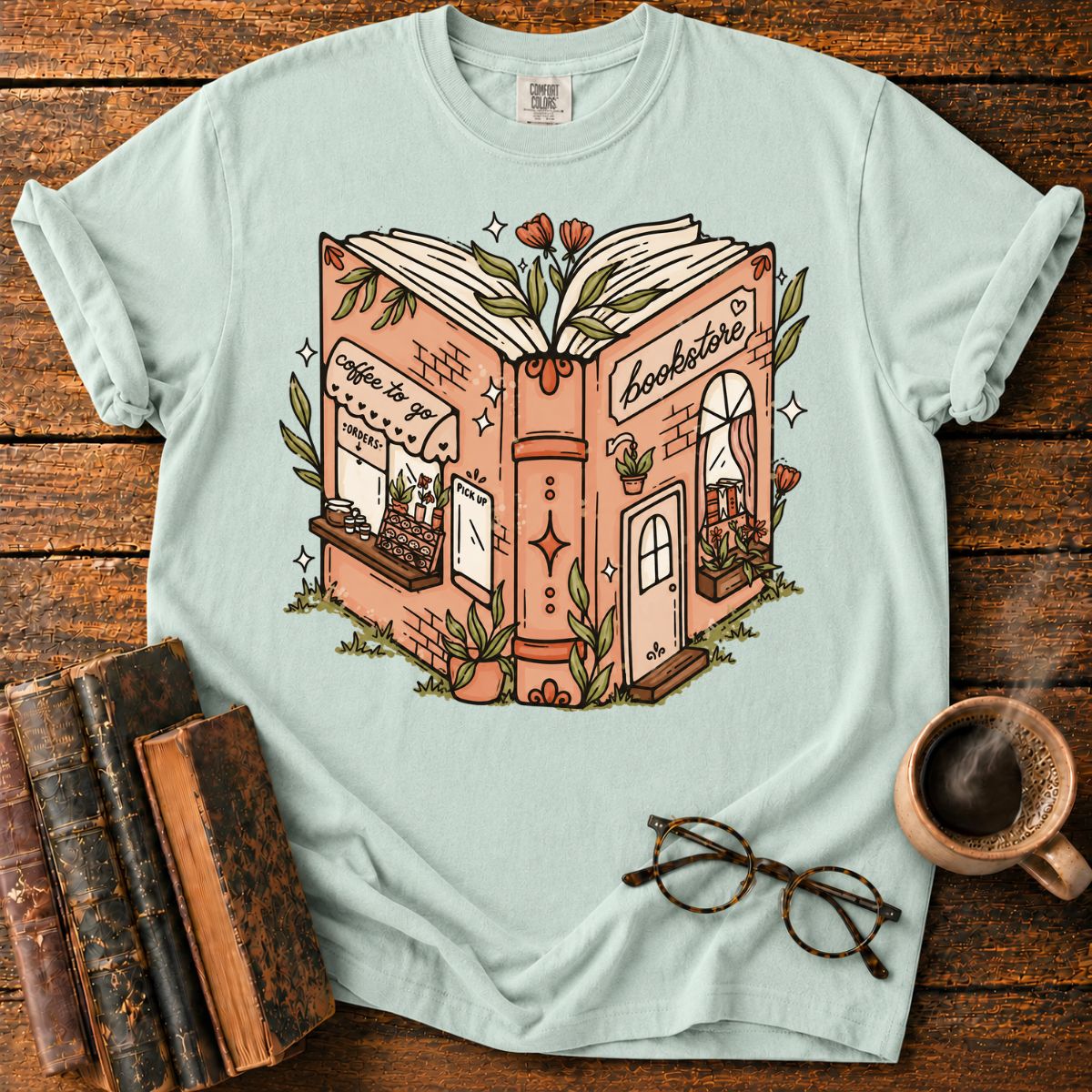 Whimsical Open-Book Bookstore Coffee T-Shirt