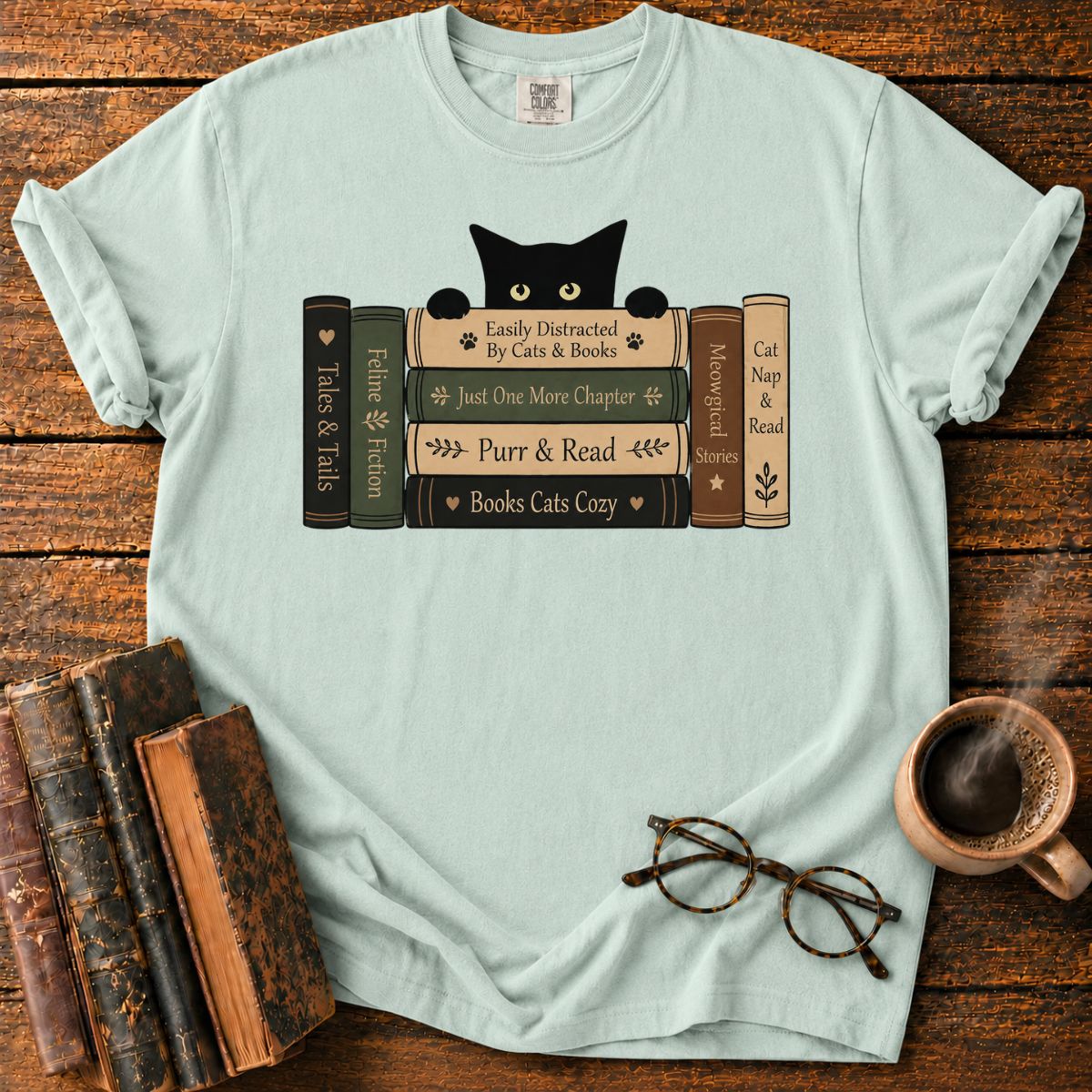 Curious Cat Peeking Over Books T-Shirt