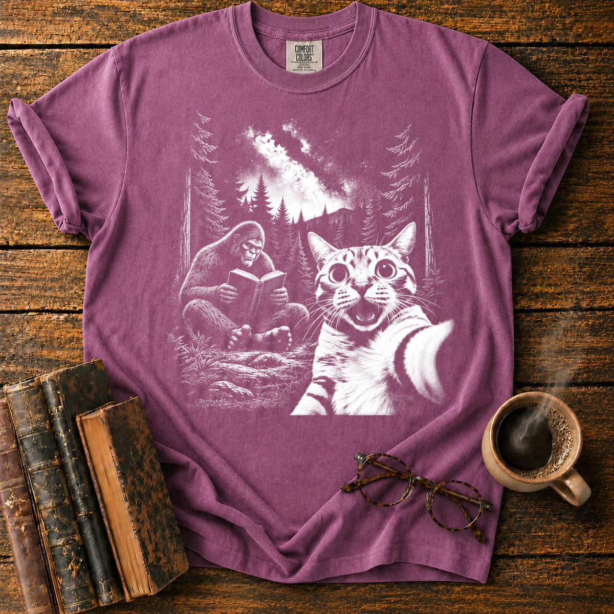 Moonlit Bigfoot and Cat Reading T-Shirt