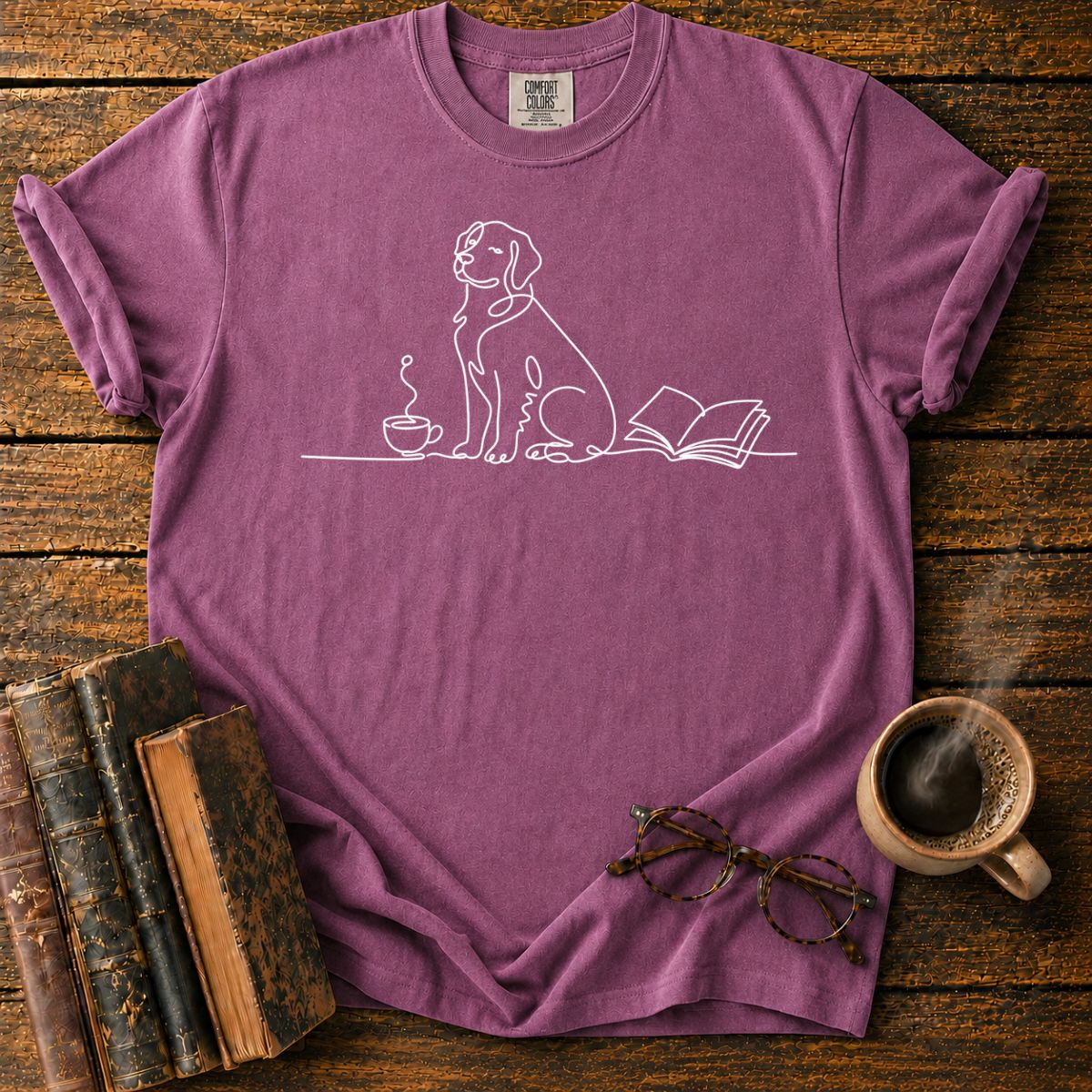 Minimalist Dog with Cup and Book T-Shirt