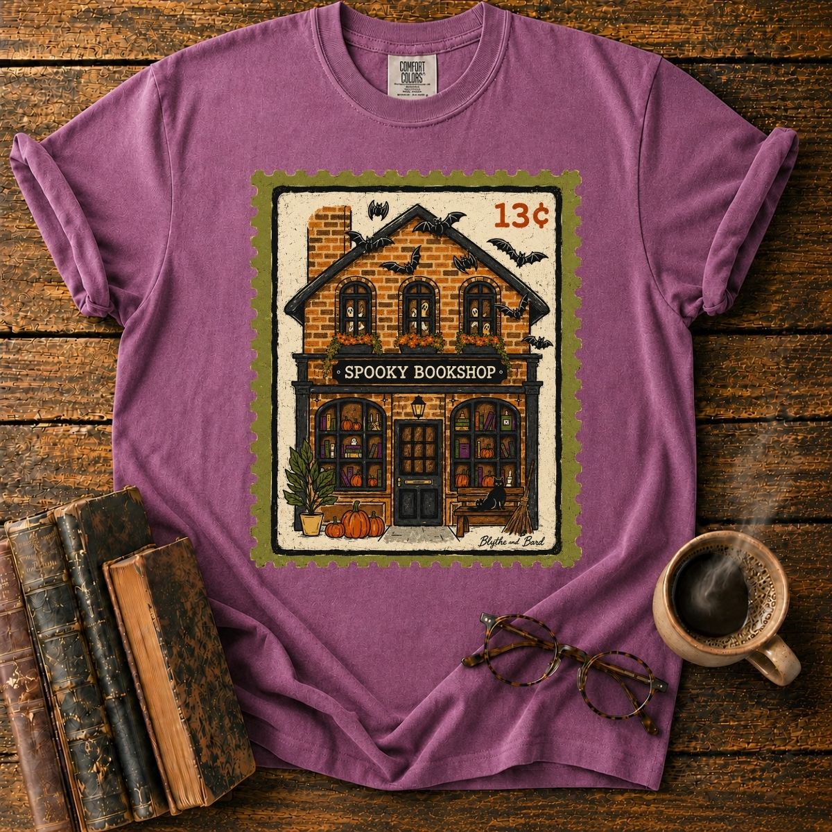 Spooky Bookshop Halloween Stamp T-Shirt