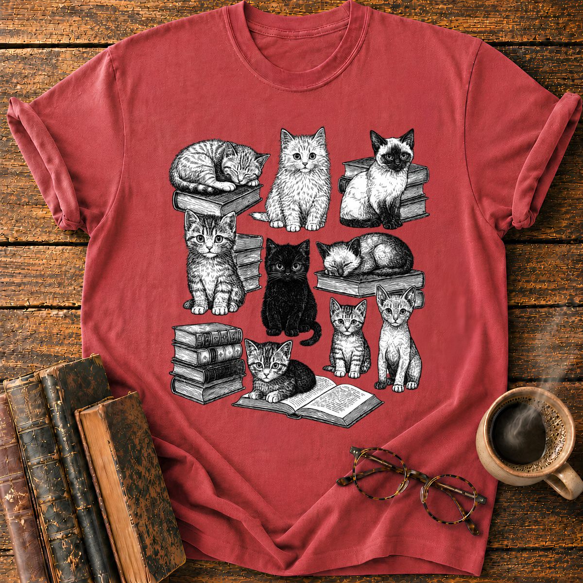 Vintage Puppy Bookworm Collage T-Shirt
