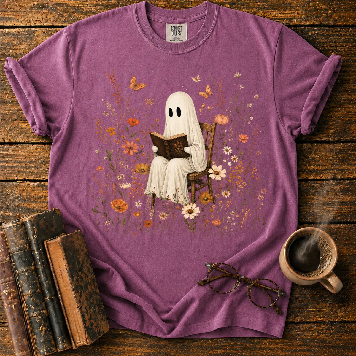 Ghost Reading in a Wildflower T-Shirt