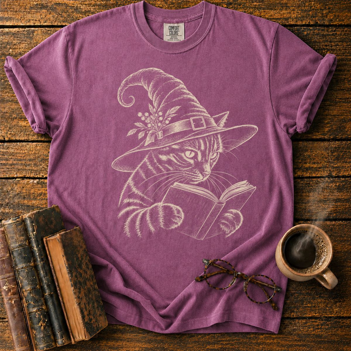 Vintage Witch Cat Reading a Book T-Shirt