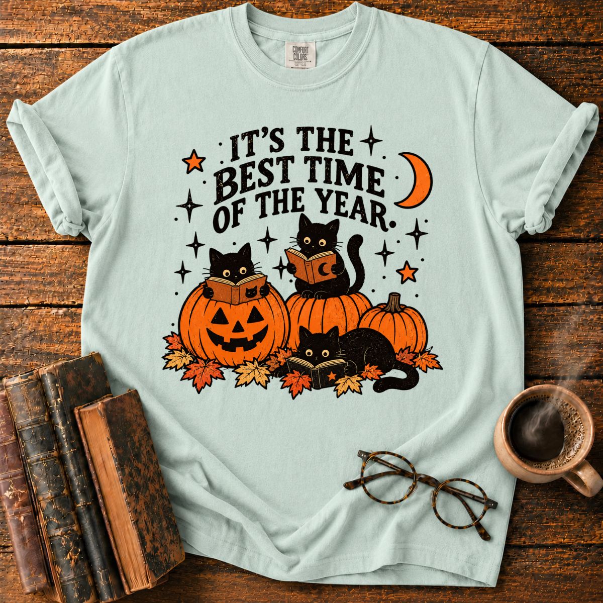 Black Cats Reading Pumpkin Halloween T-Shirt