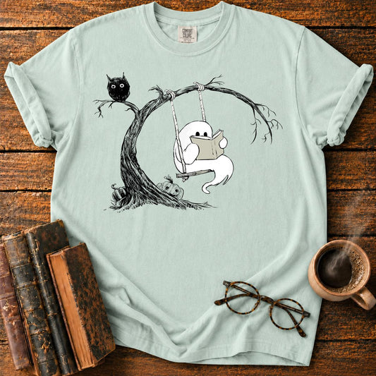 Cute Ghost Swinging Reading Book T-Shirt