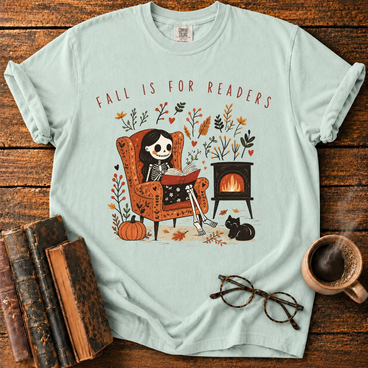 Fall Is for Readers Cozy Skeleton T-Shirt
