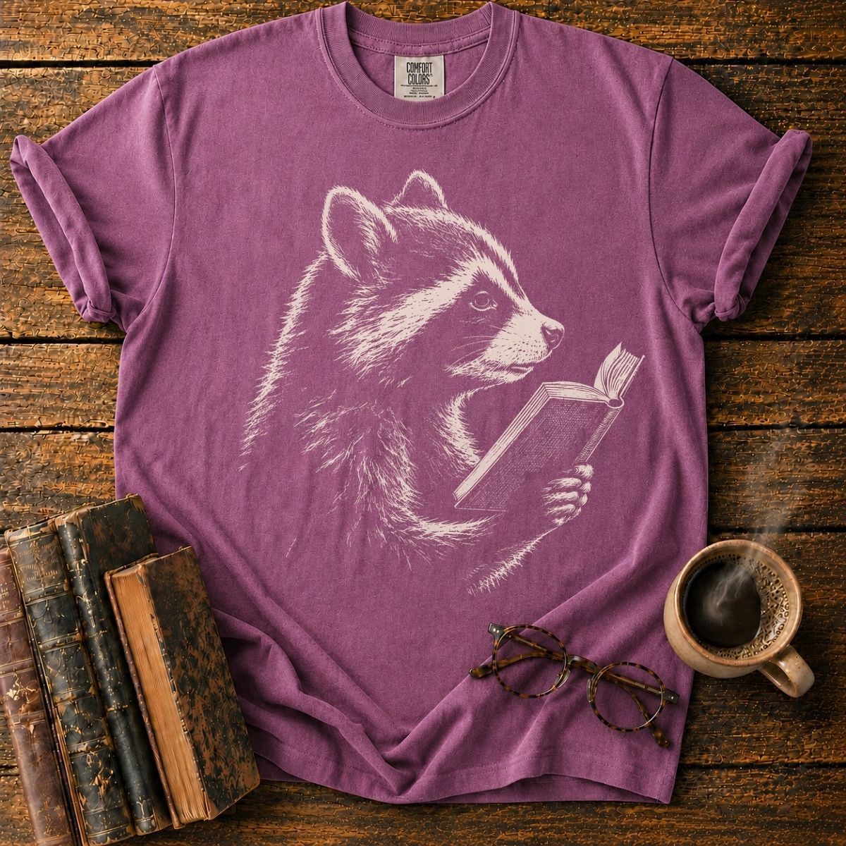 Vintage Engraved Raccoon Reading T-Shirt