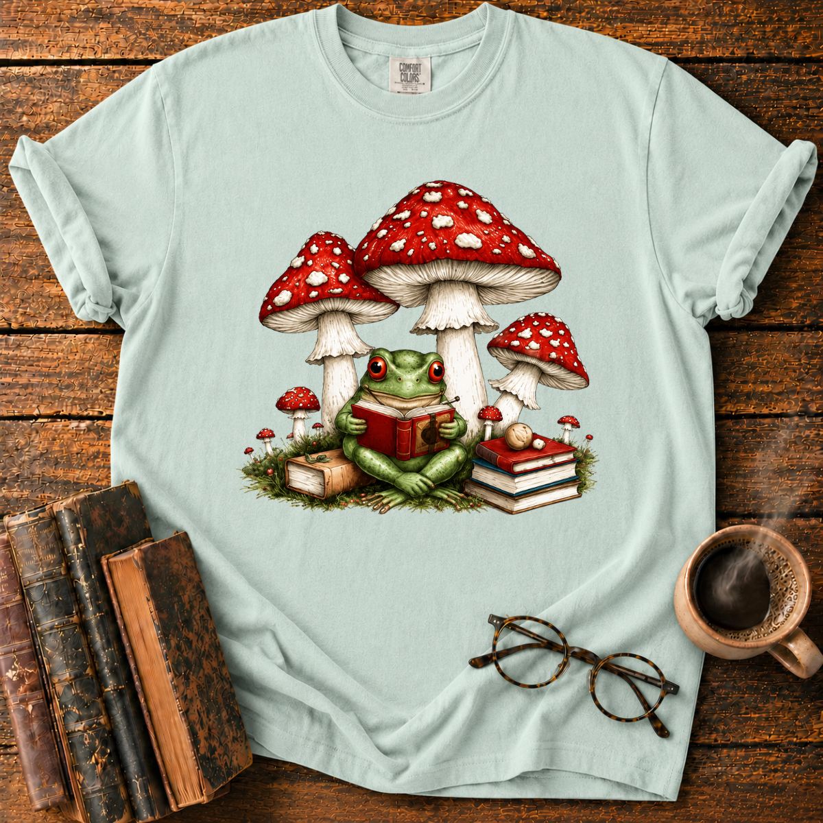 Frog Reading Beneath Mushroom T-Shirt