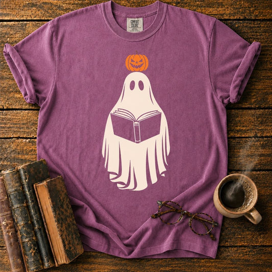 Pumpkin-Topped Ghost Reading a Book T-Shirt