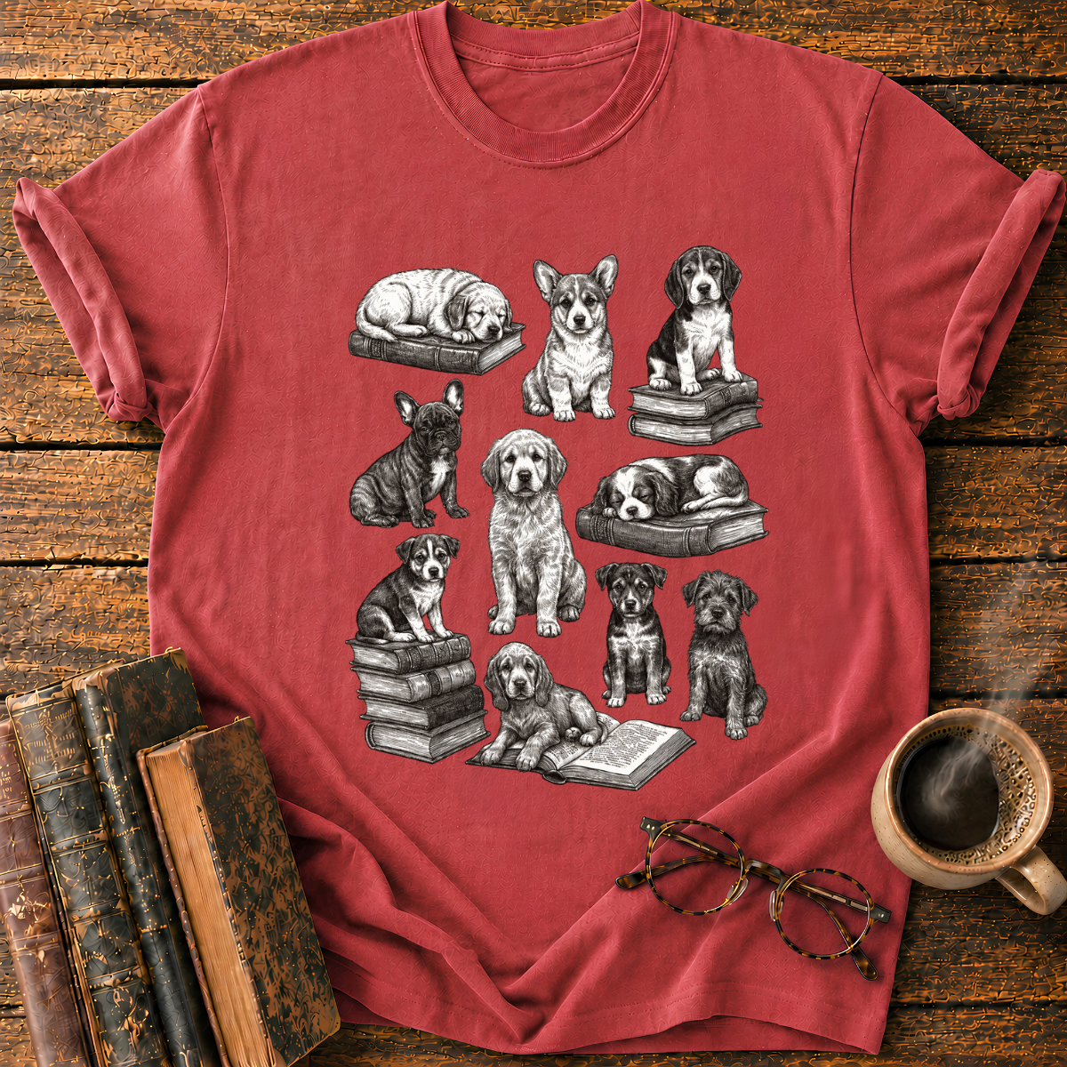 Vintage Puppy Bookworm Collage T-Shirt