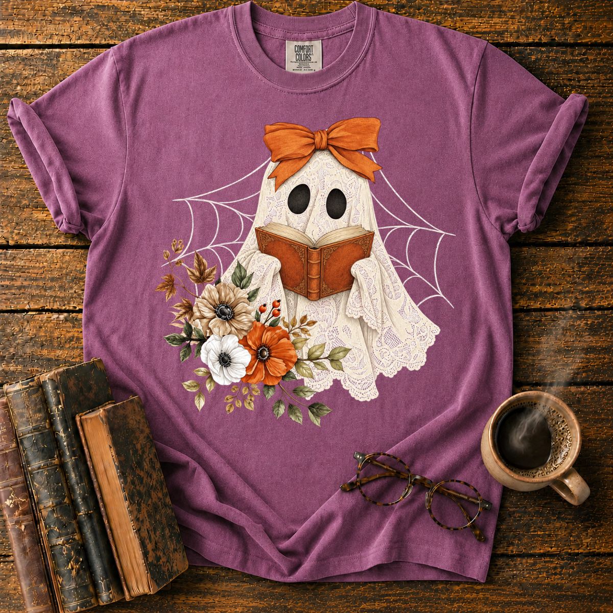 Lace Ghost Reads Among Autumn Flowers T-Shirt