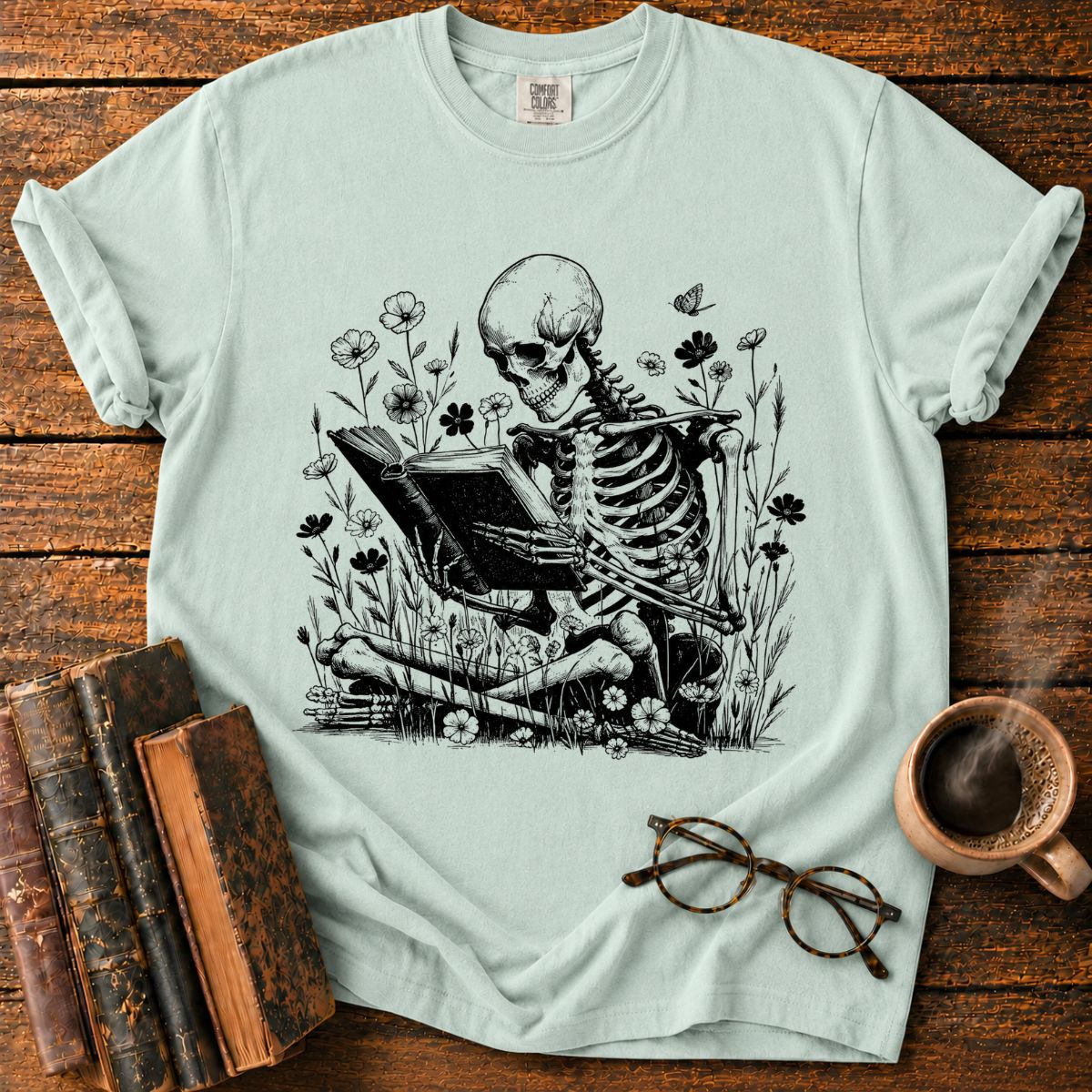 Skeletal Reader in a Wildflower Meadow T-Shirt