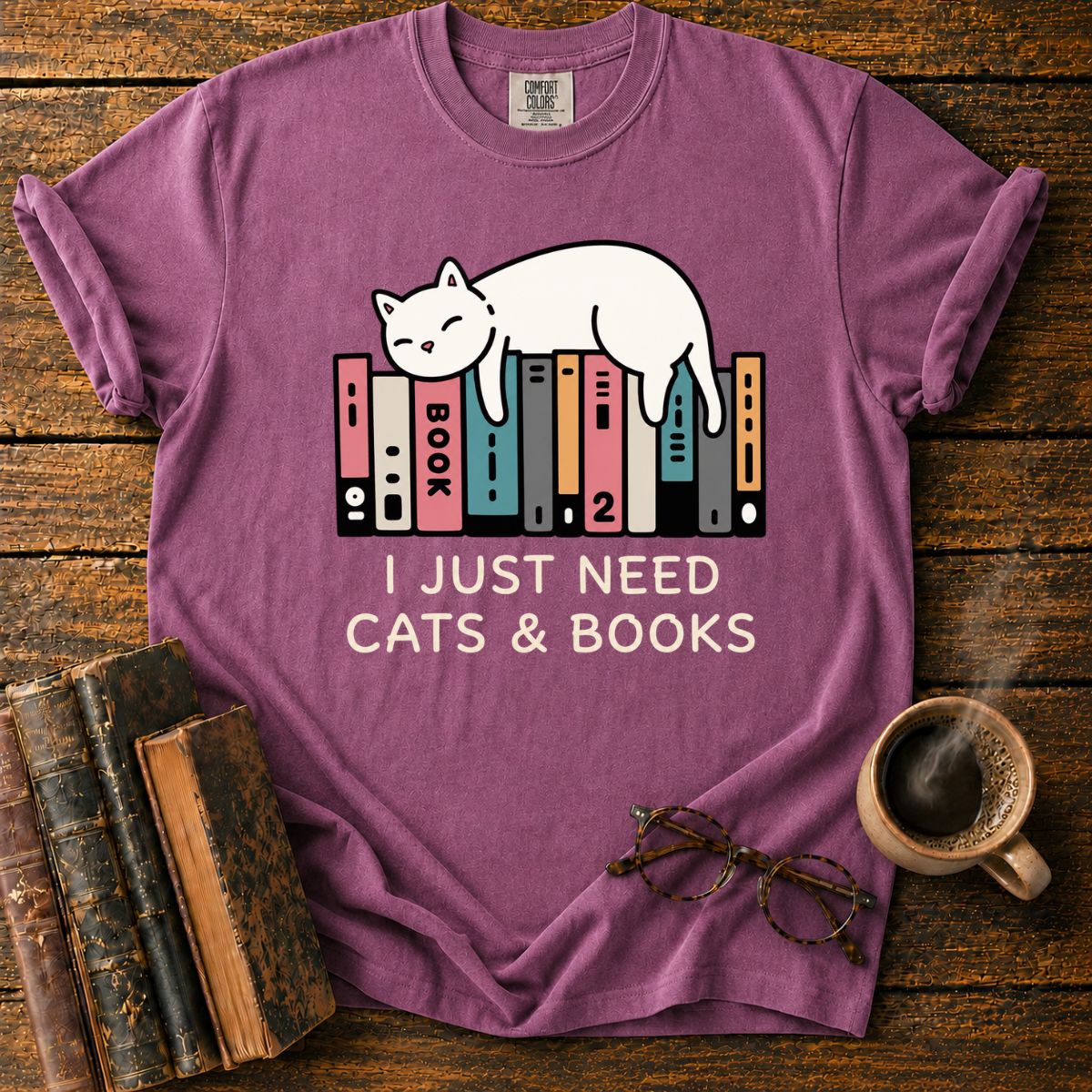 Sleeping Cat Among Colorful Books T-Shirt