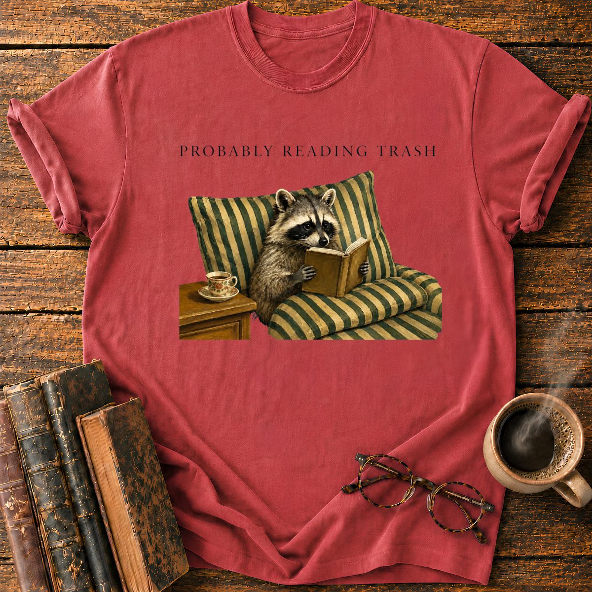 Raccoon Reading in Striped Comfort T-Shirt