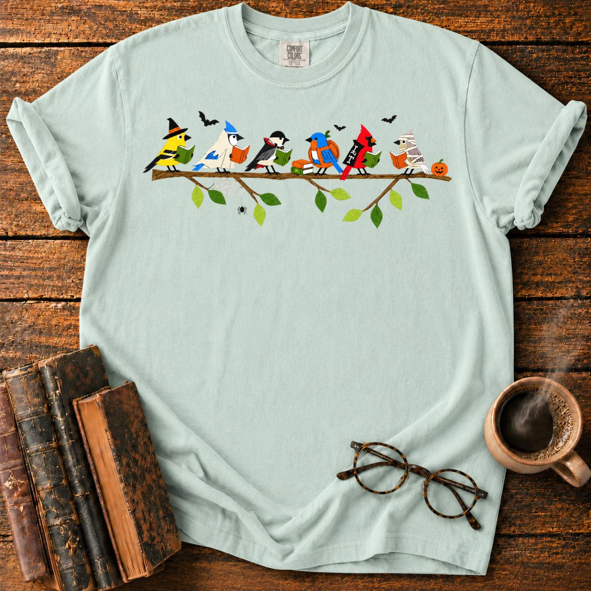 Halloween Birds Reading on a Branch T-Shirt