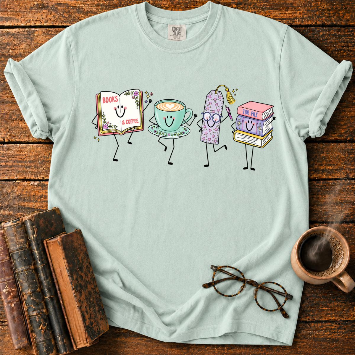 Books, Coffee, and Cheerful Bookish Friends T-Shirt