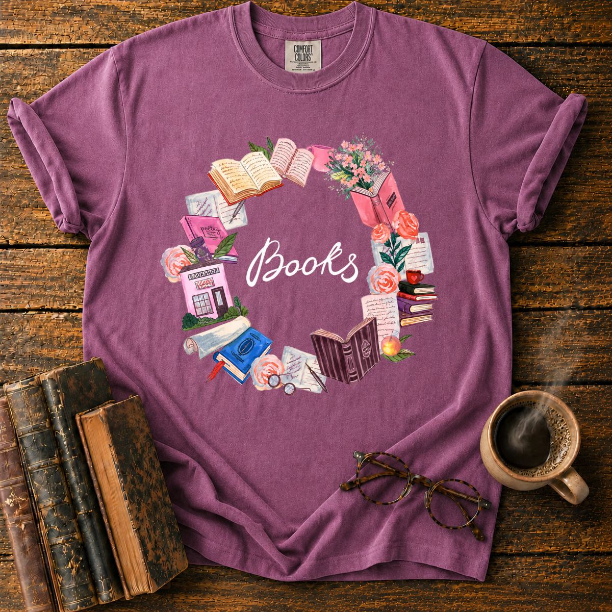 Pastel Books and Blooms Wreath T-Shirt