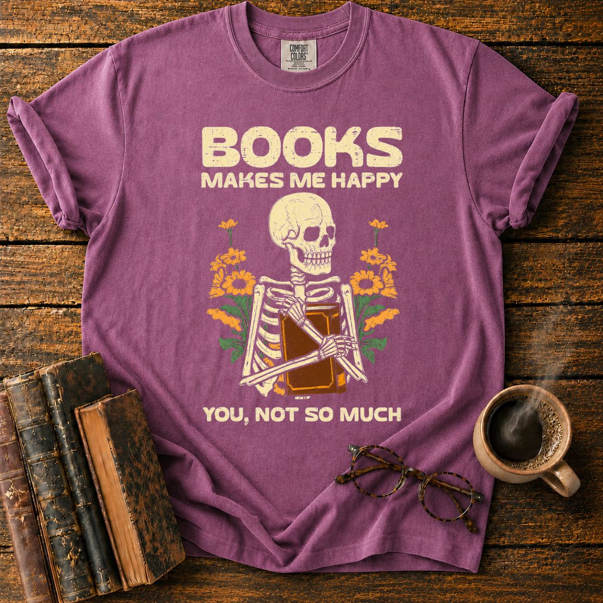 Books Make Me Happy Skeleton Floral T-Shirt
