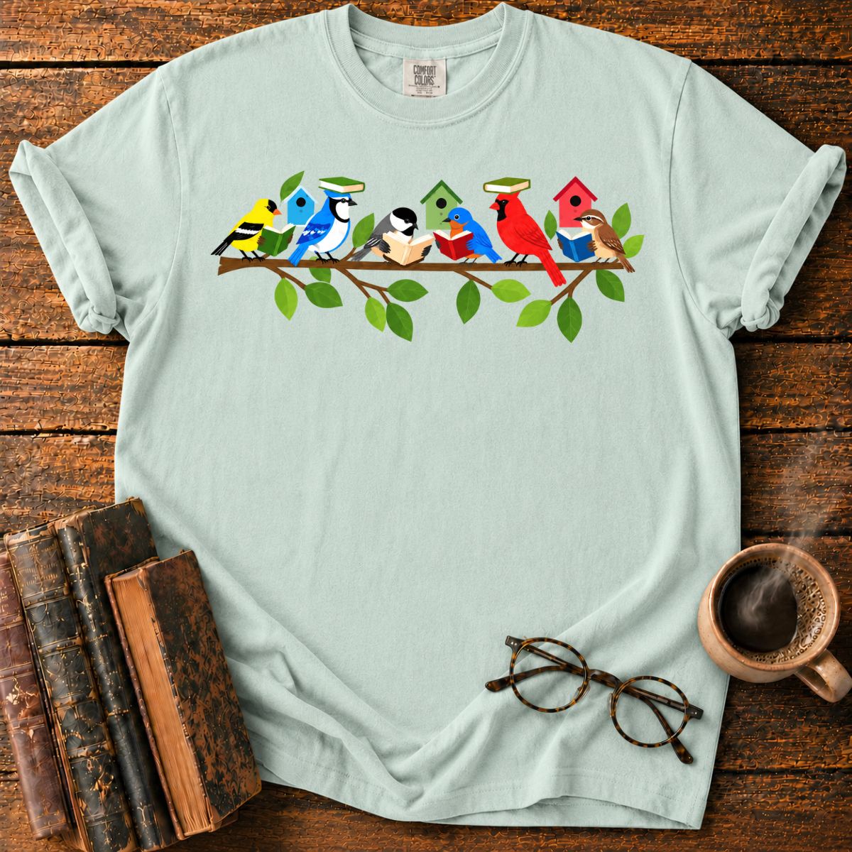 Whimsical Birds’ Reading Branch T-Shirt