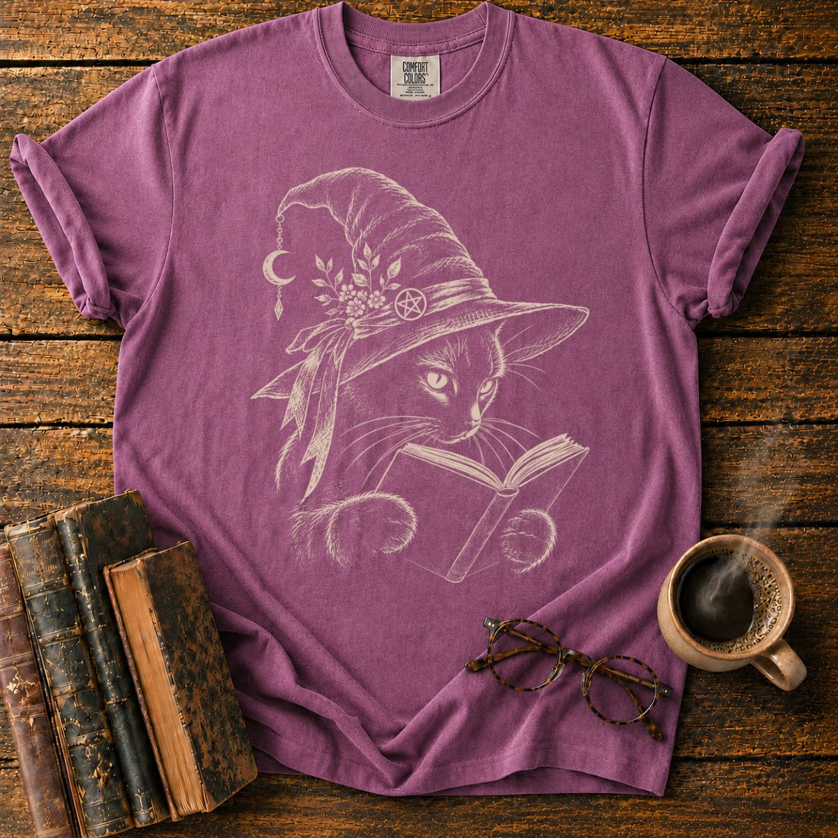 Witchy Cat Reading Under Moonlight T-Shirt