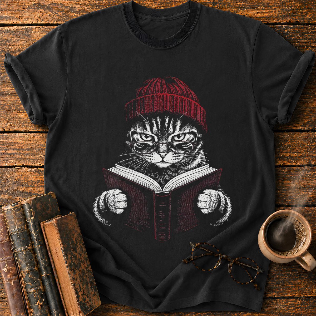 Cat with Red Beanie and Book T-Shirt