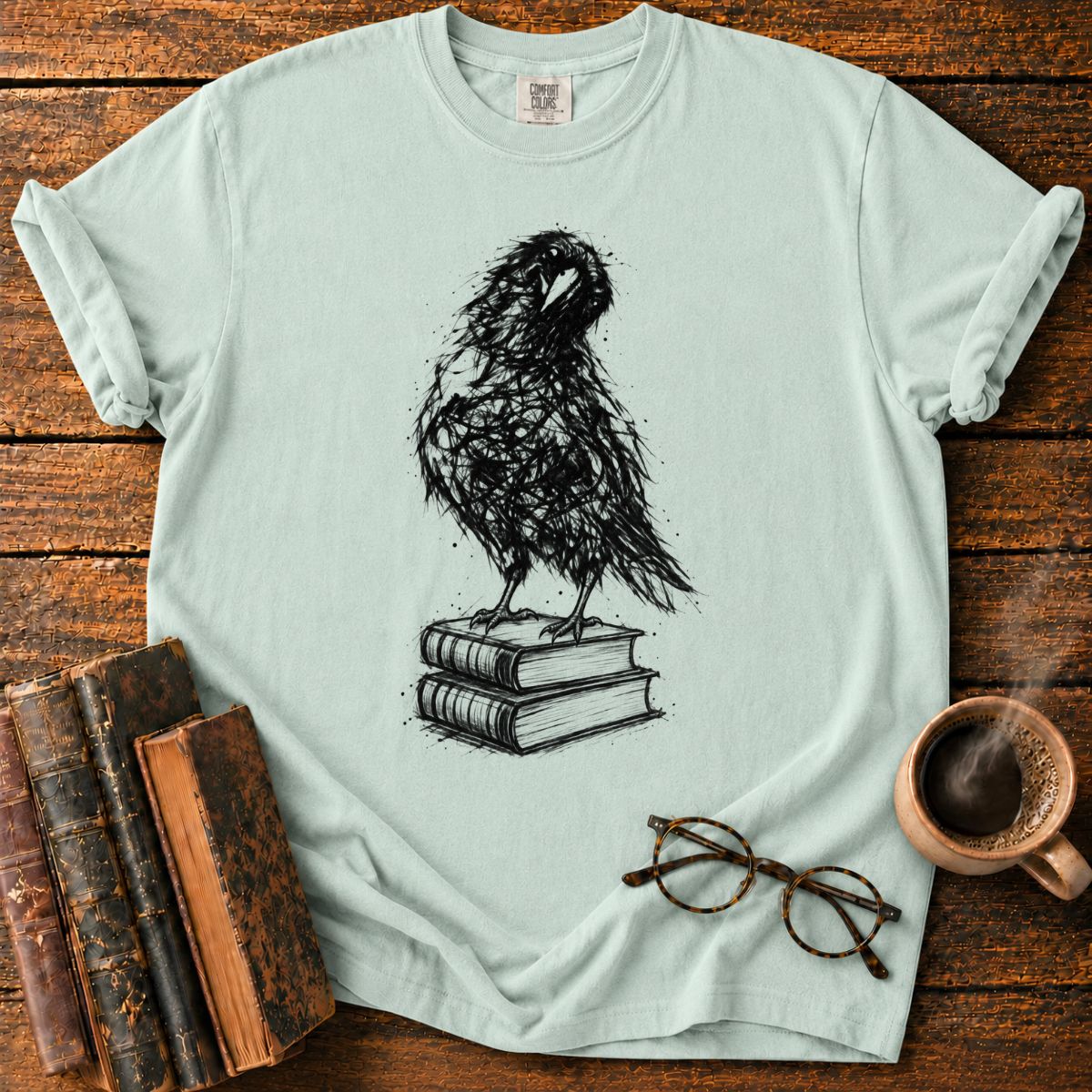 Ink-Crow Perched on Old Books T-Shirt