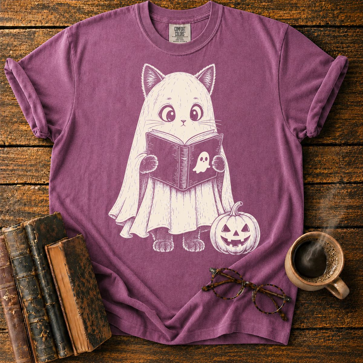 Ghost Cat Reading by Pumpkin T-Shirt