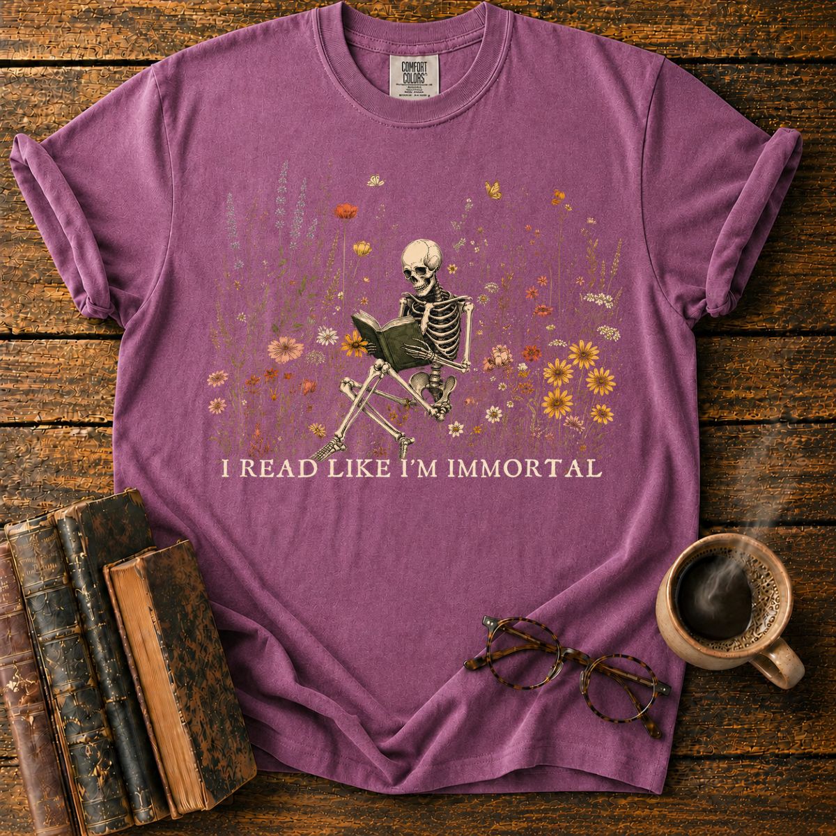 Immortal Reader in a Wildflower T-Shirt