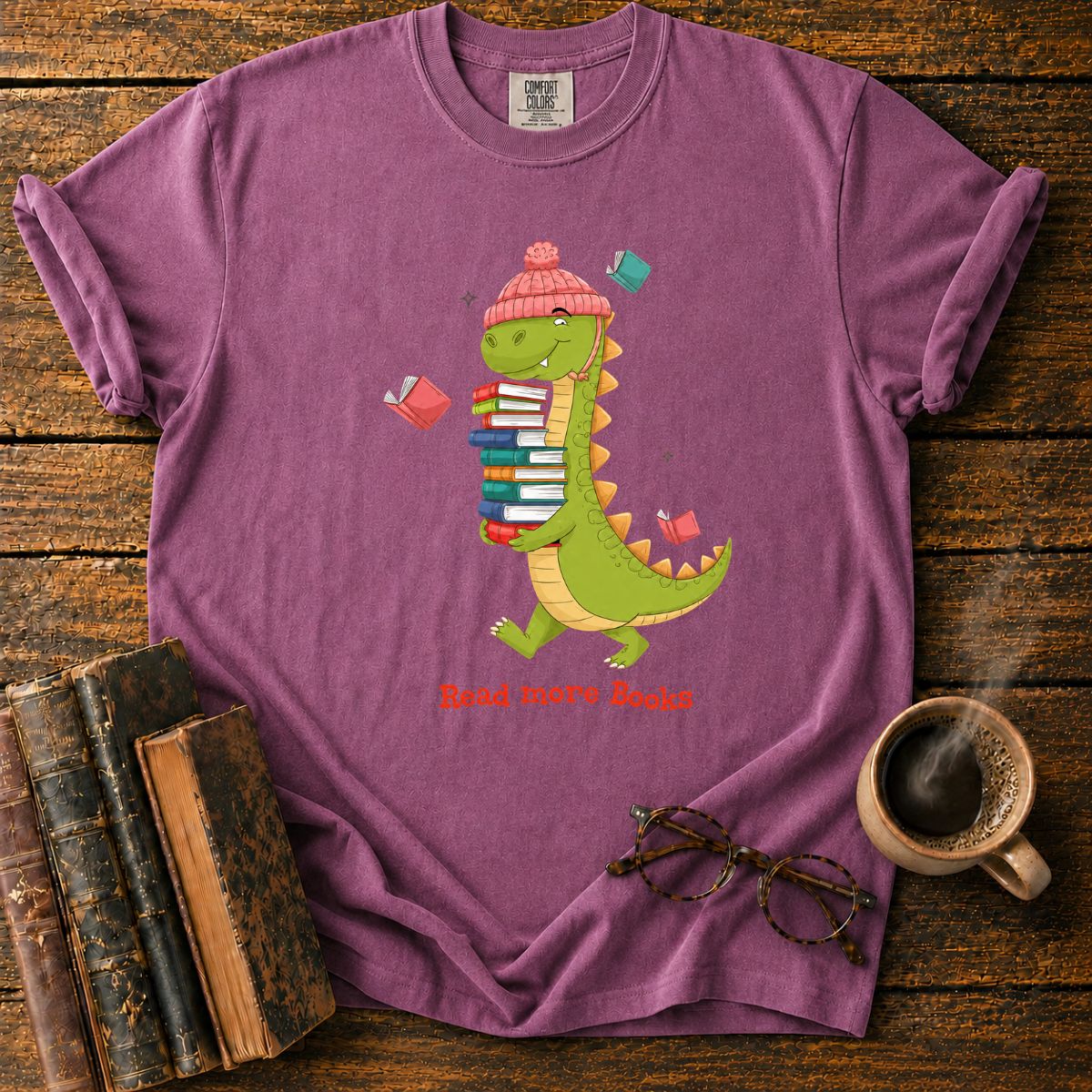 Dinosaur With Books T-Shirt