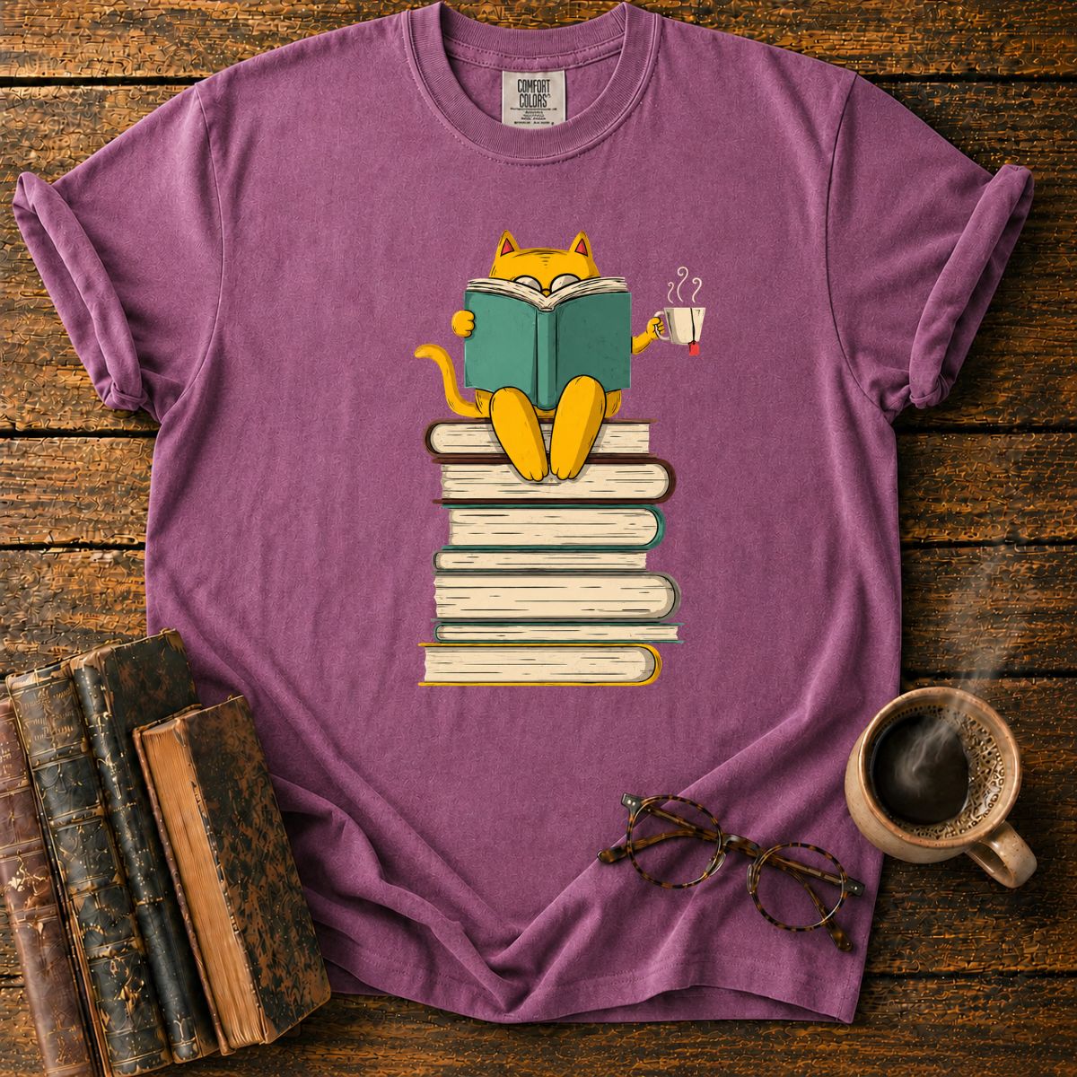 Cat Reading Atop a Tower of Books T-Shirt