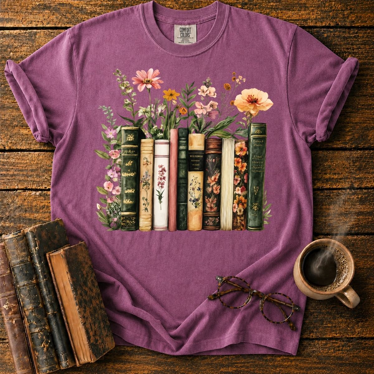 Vintage Books with Wildflowers T-Shirt