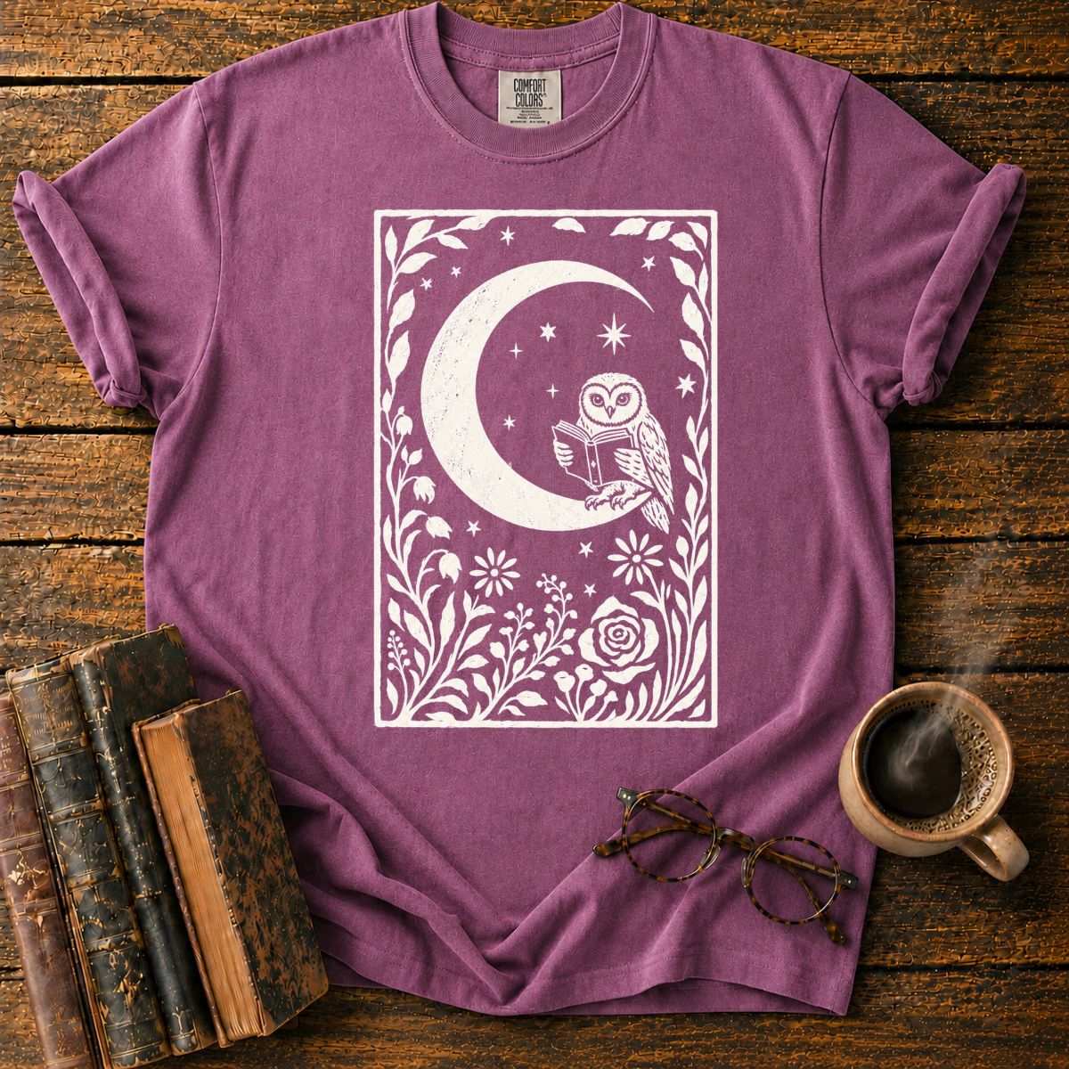Owl Reading Beneath the Stars T-Shirt