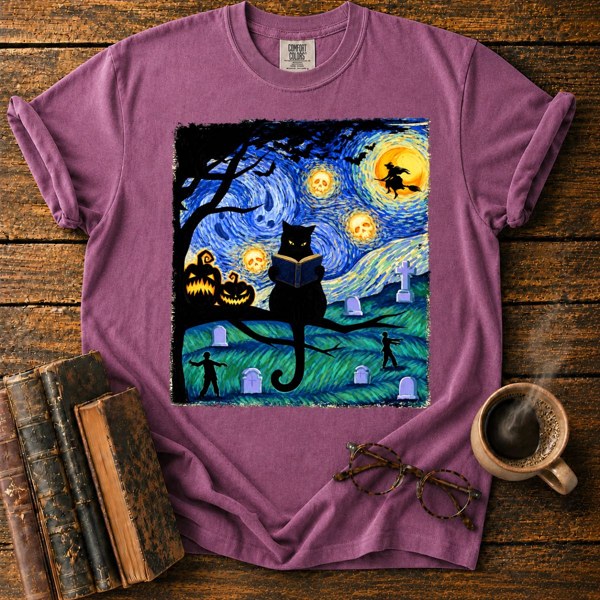 Black Cat Reading Under Skull Moon T-Shirt