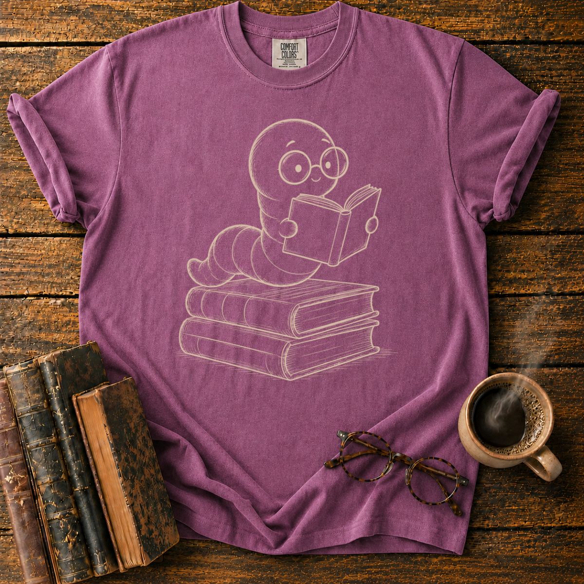 Bookish Worm on Stacked Books T-Shirt
