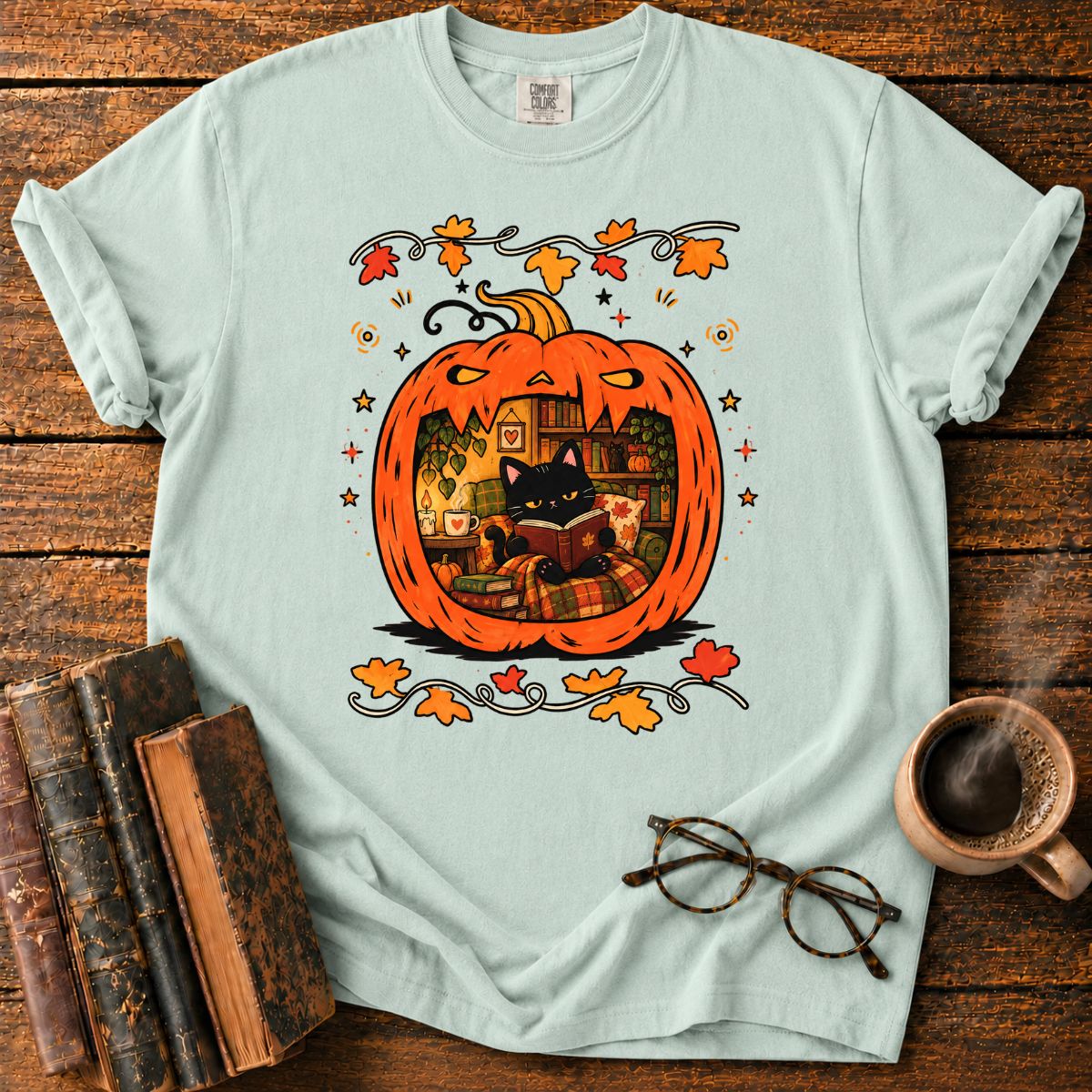 Cozy Pumpkin Reading Nook with Cat T-Shirt